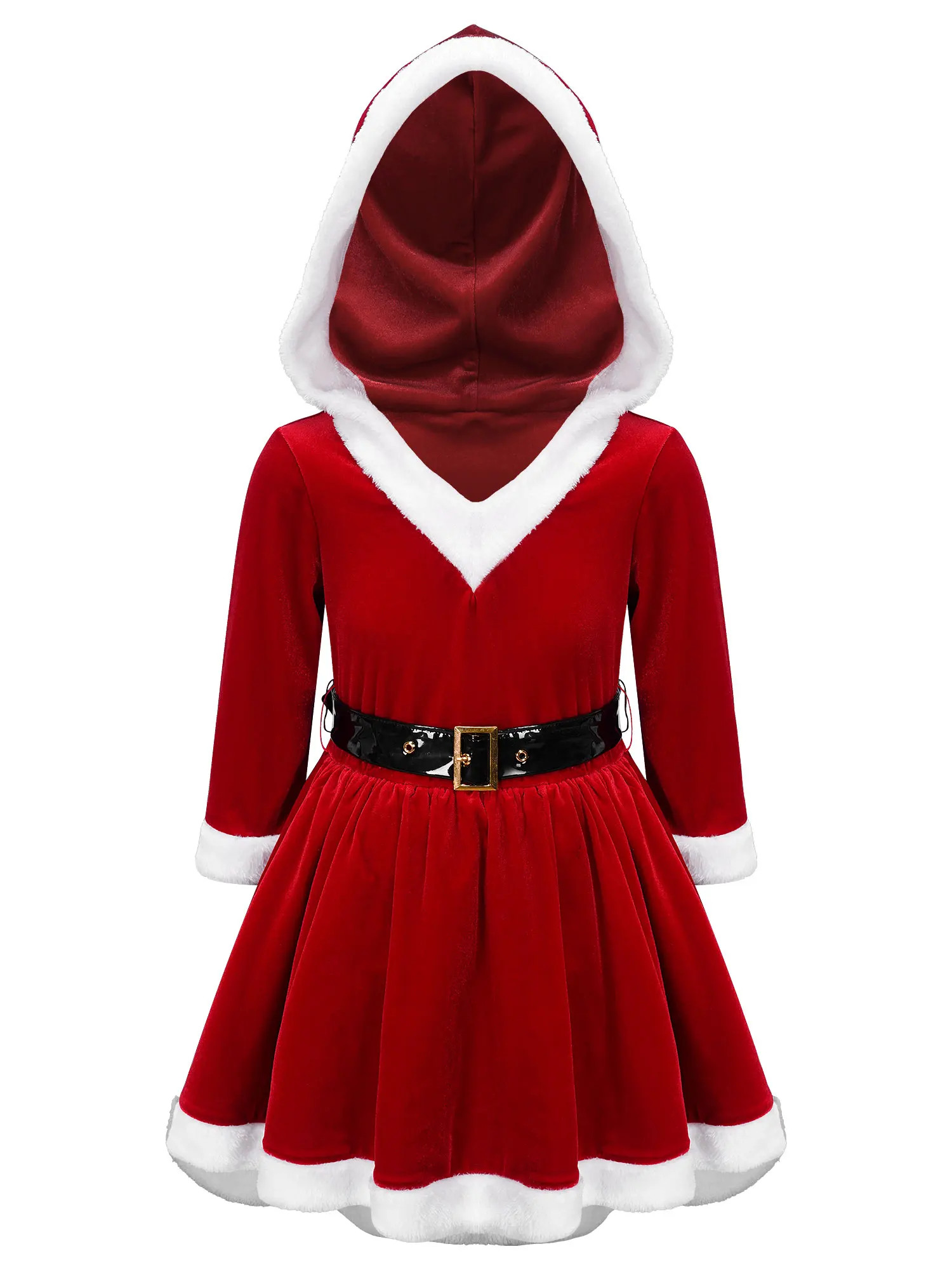 

#4-16 Kids Girls Mrs Claus Santa Christmas Costumes Velvet Xmas Hooded Dress New Year Party Tulle Underskirt Dress with Belt