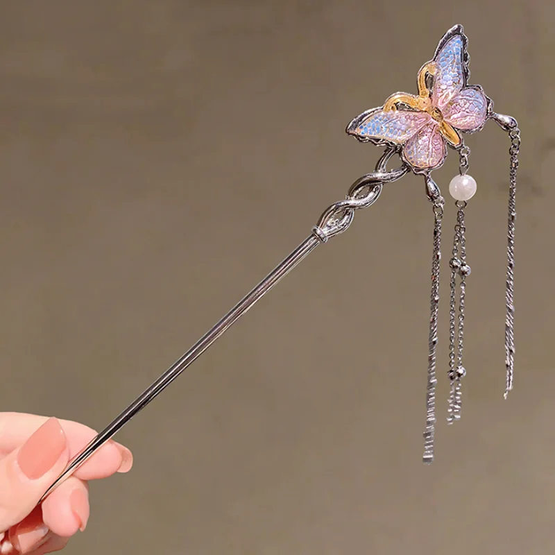 Chinese Style Gradient Butterfly Tassel Hair Sticks Women Antique Pearl Hairpin Hanfu Qipao Headwear Women Hair Accessories