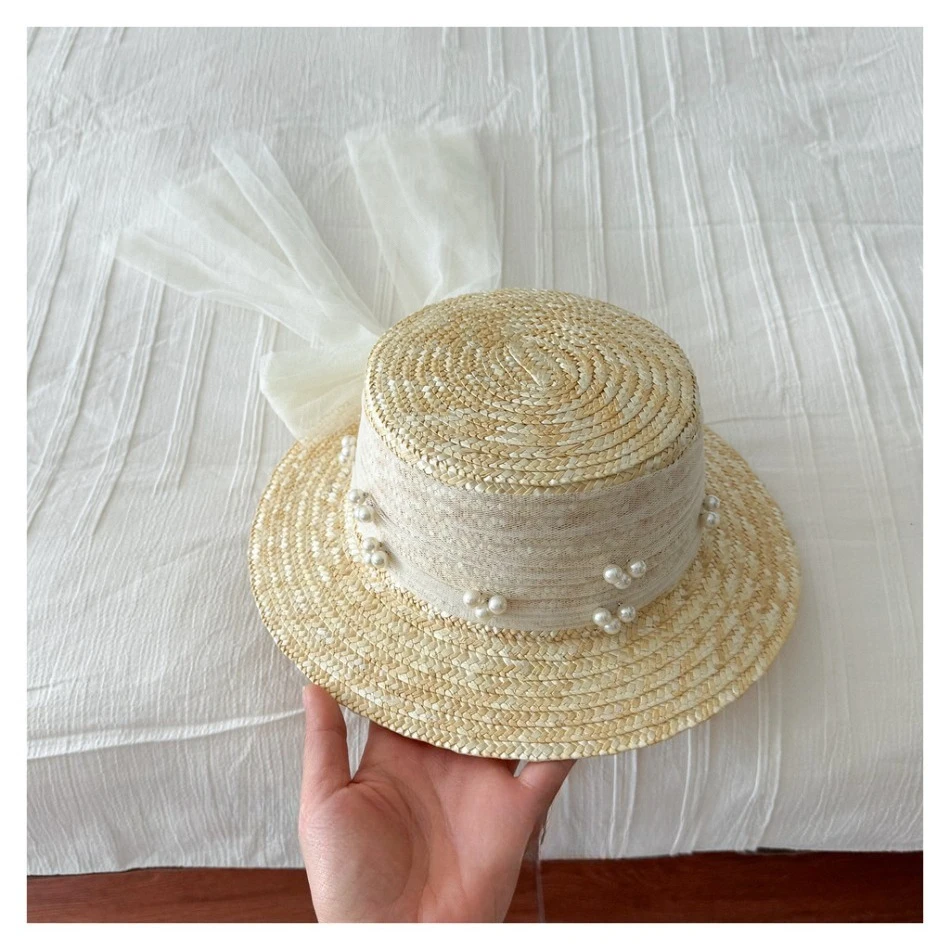 Sombrero de Paja Elegante para Niñas con Cinta de Encaje y Perlas, Protección UV, Ala Ancha, Sombrero para el Sol para Niñas Pequeñas, Sombrero Tejido BT14