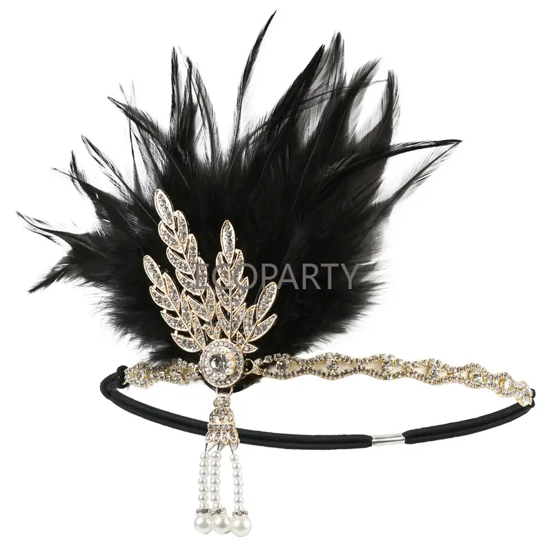 1920s Flapper Headband Feather Headpiece Roaring 20s Great Gatsby Inspired Leaf Medallion Pearl Headband Women Hair Accessories