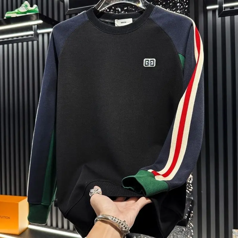 

Men's embroidered color matching crew neck sweater new trendy brand autumn and winter velvet