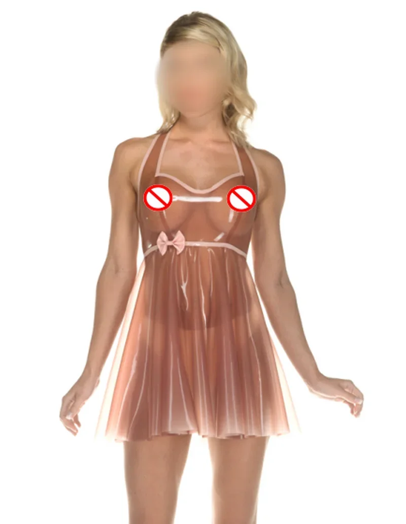 

Handmade Women Latex Halter Beatrice Babydoll Dress Cherry Pie Style Rubber Nightie with Bow No Zipper Party