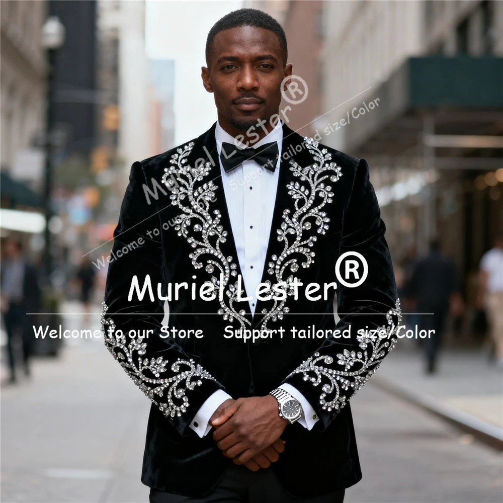 الشظية مطرز بلورات دعوى الرجال لحفل الزفاف تول قطع التدريجي تصميم المخملية حفلة موسيقية بليزرات مخصصة 2 قطعة العريس البدلات الرسمية سليم صالح