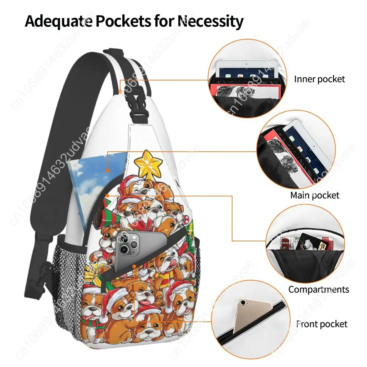 English Bulldog Christmas Xmas Sling Bag Chest Crossbody Shoulder Backpack Travel Hiking Daypacks Winter Men Women Pack