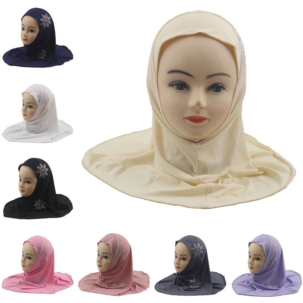 

Diamonds Instant Scarf for Kids Girls 4-8Y Turban Muslim Hijab Headscarf One Piece Amira Head Wrap Islam Pull On Shawls Pray Hat