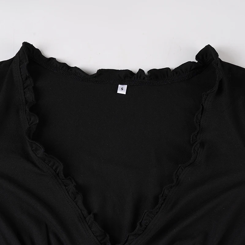 SUCHCUTE Vintage Y2K Damen Langarm-Oberteil mit tiefem V-Ausschnitt, geraffter Taille, Knopfleiste, lässiges All-Match-Outfit, Grunge Fairycore – Detail 6