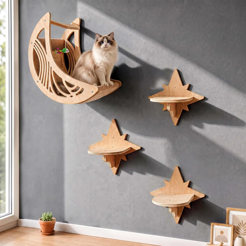 Mond & Stern Katzen-Wandregale: Moderner Holz-Katzenbaum mit Bett, Hängematte und Klettermöglichkeiten für Hauskatzen – Zubehör – Detail 1