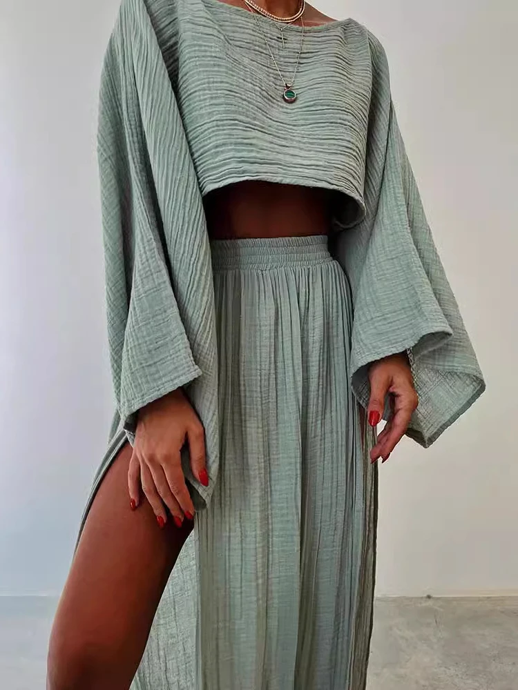 Casual O-Neck Solid Cotton Linen 2 Piece Sets Spring Crop Top High Waist Slit Women Skirt Outfit Summer Flare Sleeve Hollow Suit