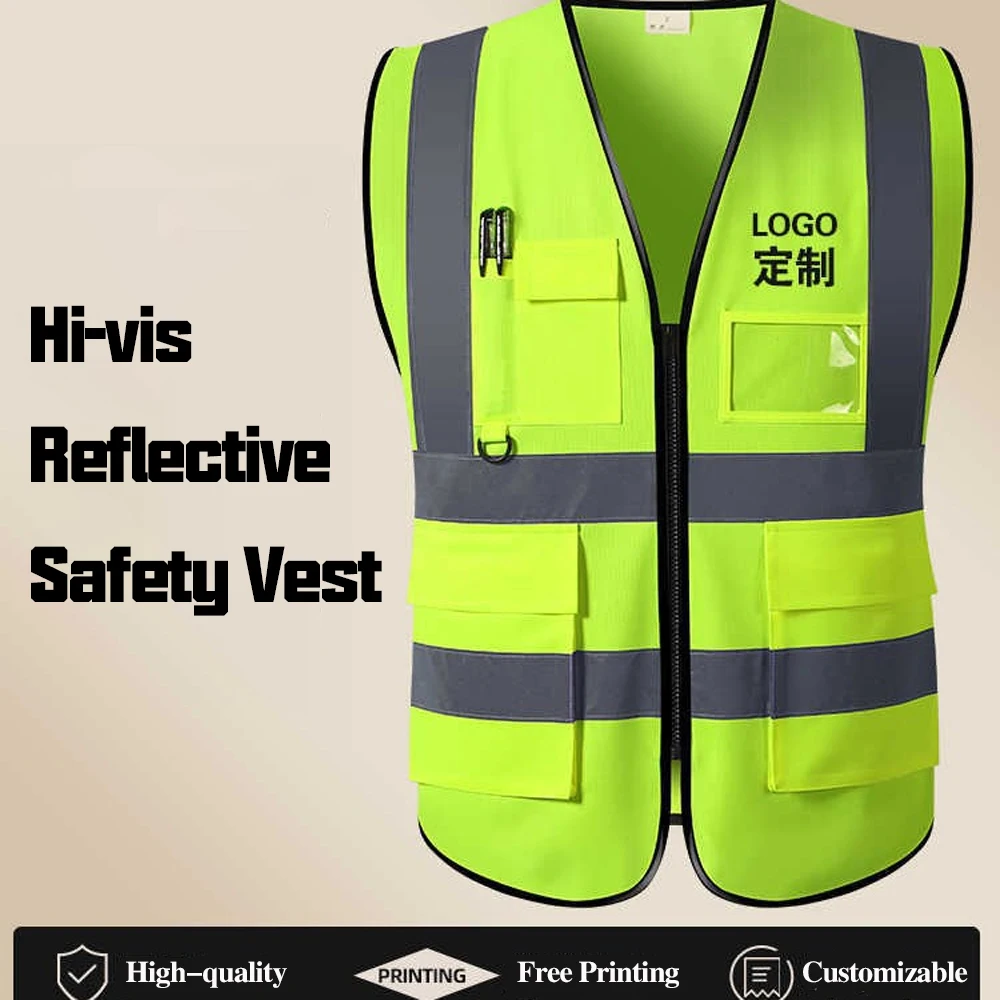 Custom Your Logo Text Reflective Safety Vest Class 2 High Visibility Construction Security Working Clothes with Pockets Zipper