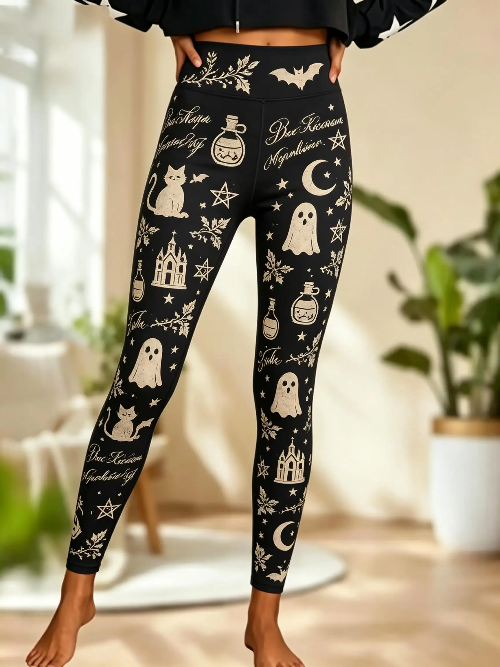 Women Fleece‑lined Mid‑rise Leggings Ghost Bat Cat Castle Moon Print Slim Stretch Halloween Casual Pants