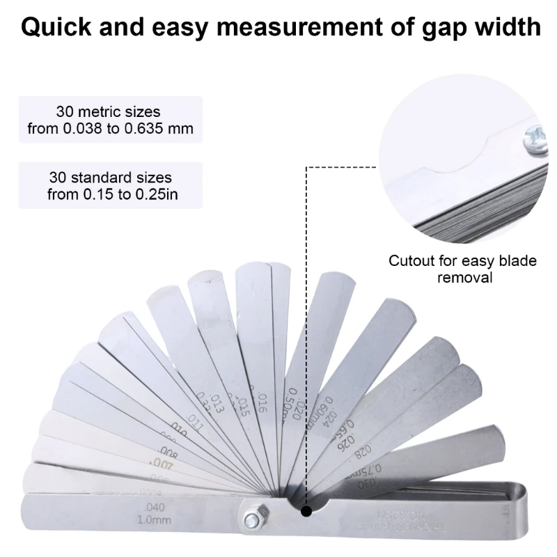 32 조각 긴 Feeler 게이지 0.03-1mm, 스테인레스 스틸 Feeler 게이지 이중 표시 미터법 및 제국 측정 도구