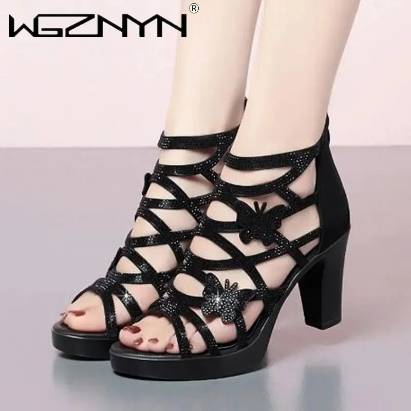 Woman Sandals Women Cyrstal Comfortable Pumps Ladies Fashion High Heels Female Rome Bling Hollow Out Shoes Women\'s Zip Footwear