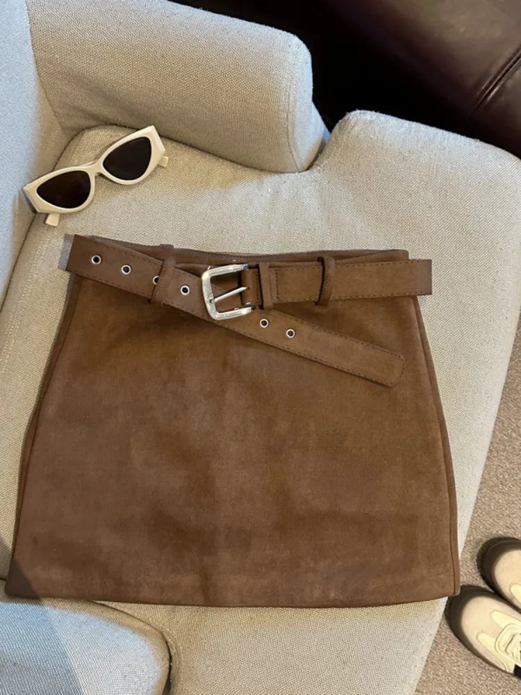 Karamell Hirsch Wildleder Rock Damen Hohe Taille A-Linie Ort Rock Abnehmen Anti-Licht Wrap um Rock Koreanische Sle pendeln