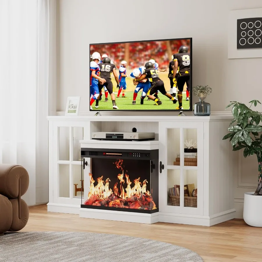 Fireplace TV Stand for TVs up to 65'' 3Sided Glass Media Entertainment Center Console with Storage Adjustable Flame LED Color f