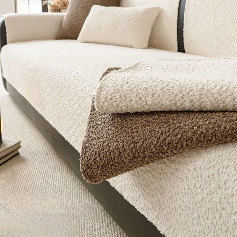 Solid Color Lamb Fleece Sofa Cushion Winter Thicken Warm Straight Row Anti Slip Couch Cover Premium Living Room Decor Sofa Pad