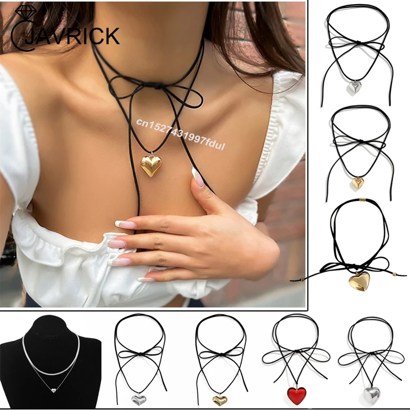 Bow Tie Choker Love Heart Pendant Collar Necklace Jewelry Y2K Clavicle Chain Necklace for Women Bridal Adjustable Knotted Chain