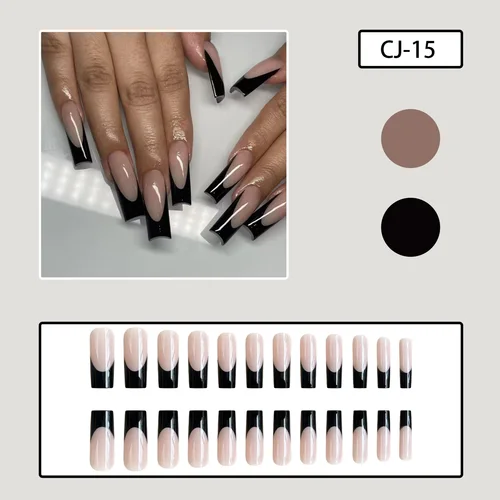 Imagen 2 del producto 24 Uds. De uñas postizas francesas súper largas con borde negro, uñas postizas acrílicas de bailarina, puntas cuadradas para uñas, arte profesional para uñas