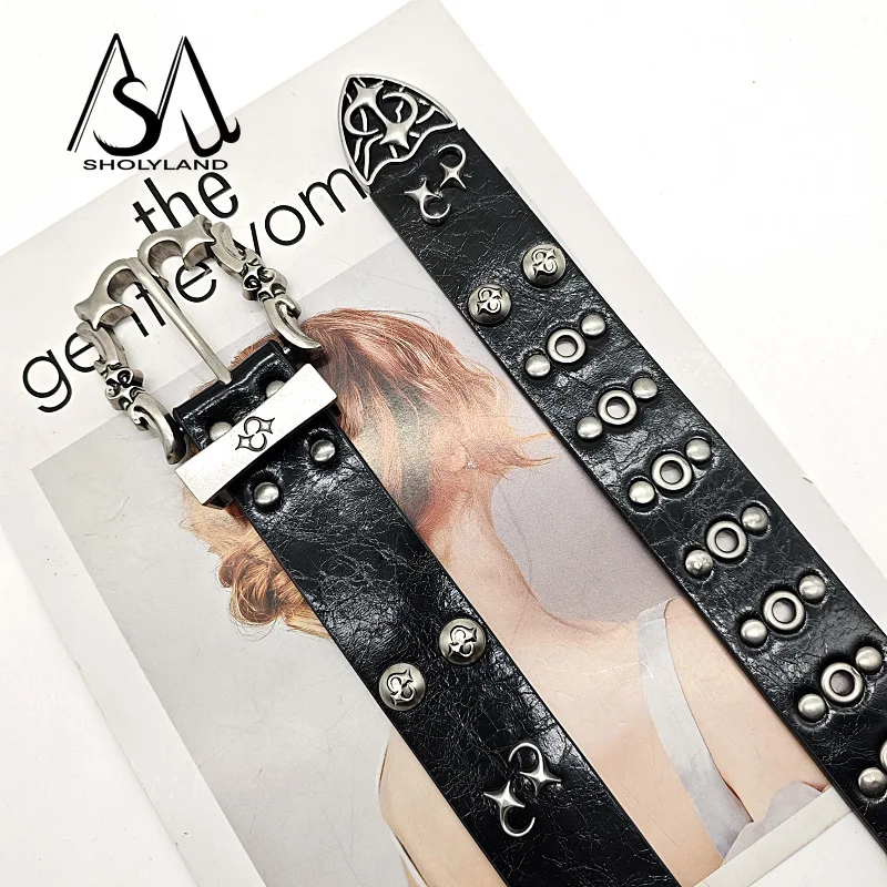 Unique and Creative Men's Belt with Niche Design Gemini Cross Star Street Rock Harley Motorcycle Retro Trend Y2K Belt