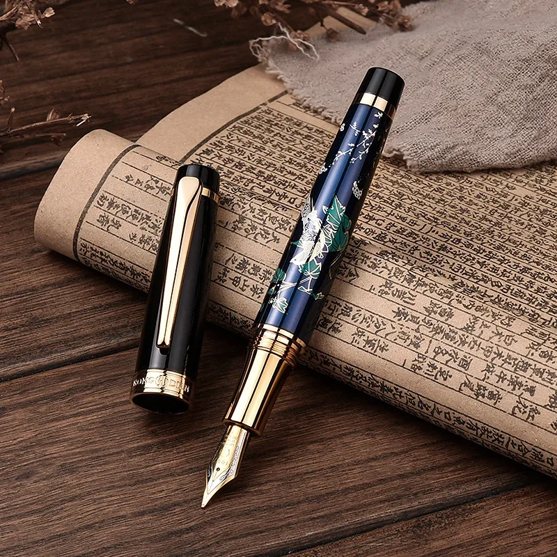 HongDian 1837 Metal Fountain Blue Flowers Hand-Drawing Chinese Style Iridium EF/F/Bent Nib Ink Pen Business Office Writing Gift