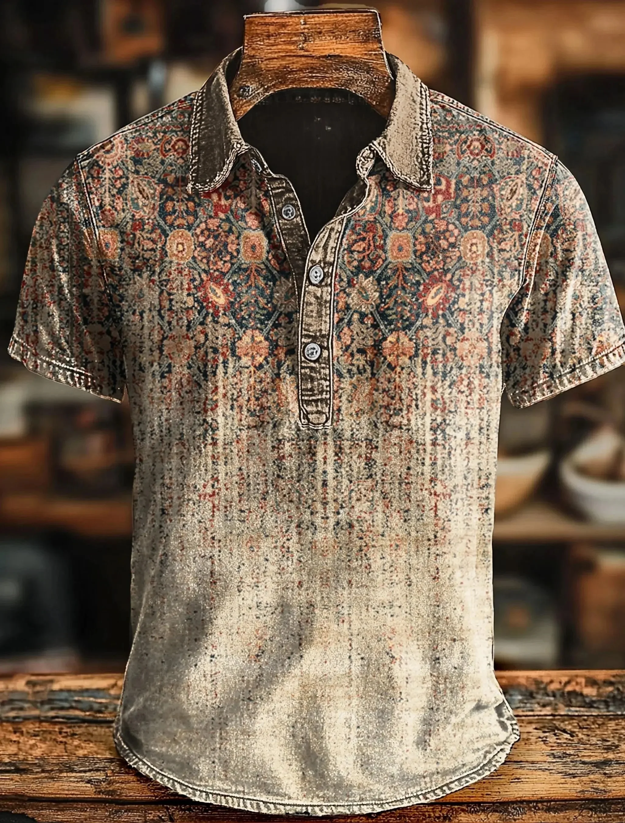 New Retro Vintage Tie Dye Striped Printed men's Short Sleeved Polo Shirt With Denim Style Casual Collar Shirt