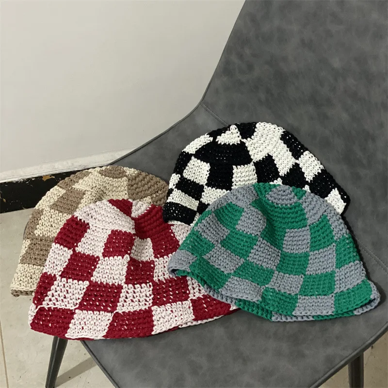 Fashion Japanese Korea Plaid Crochet Bucket Hats Spring Cotton Thread Soft Fisherman Hat Summer Sun Hat Women Designer Bob Cap