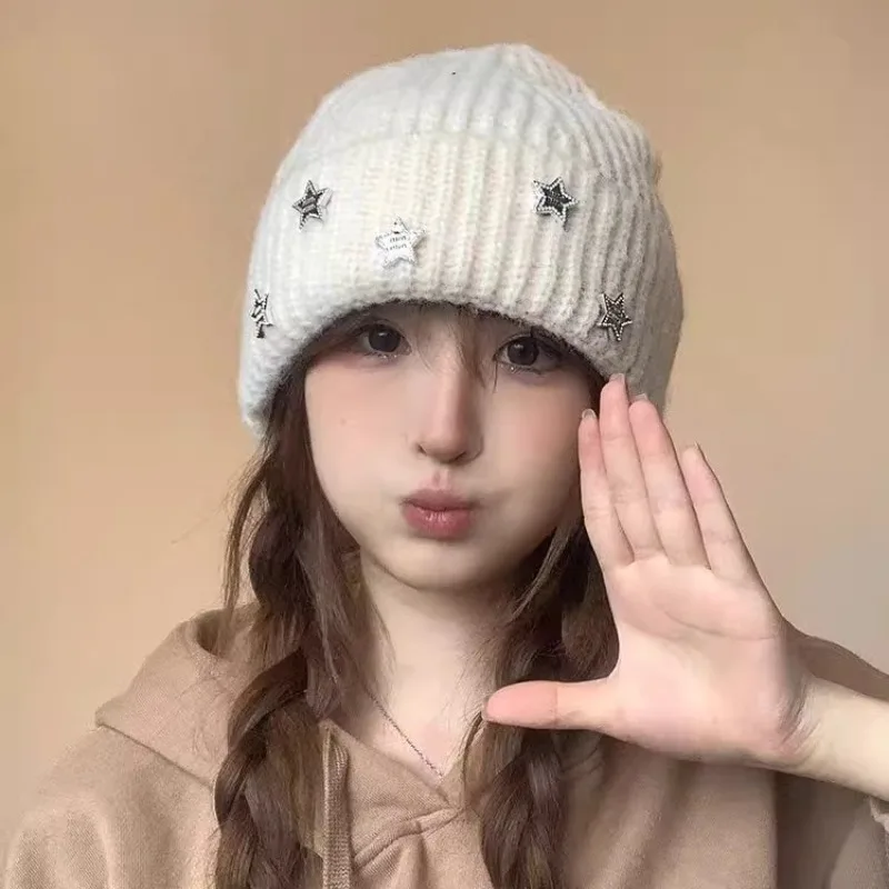 الكورية الأزياء المعادن ستار قبعة المرأة الأذن حماية البلوز قبعة الشتاء الدافئة محبوك قبعة الصلبة الصوف الكروشيه بونيه Skullcap #5
