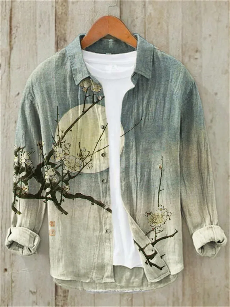 New Summer Men's Fashion European and American Trendy Cotton and Hemp Collar Beach Shirt Long Sleeve Festival Clothing Top