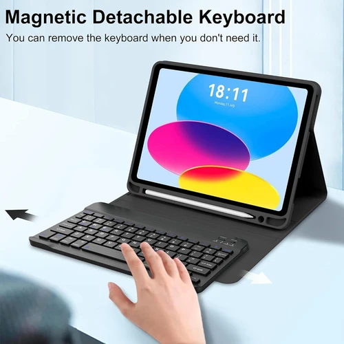 Imagen 2 del producto Funda para teclado para iPad (A16) de 11. a/10 a generación, teclado inalámbrico desmontable, funda para teclado tipo folio con portalápices