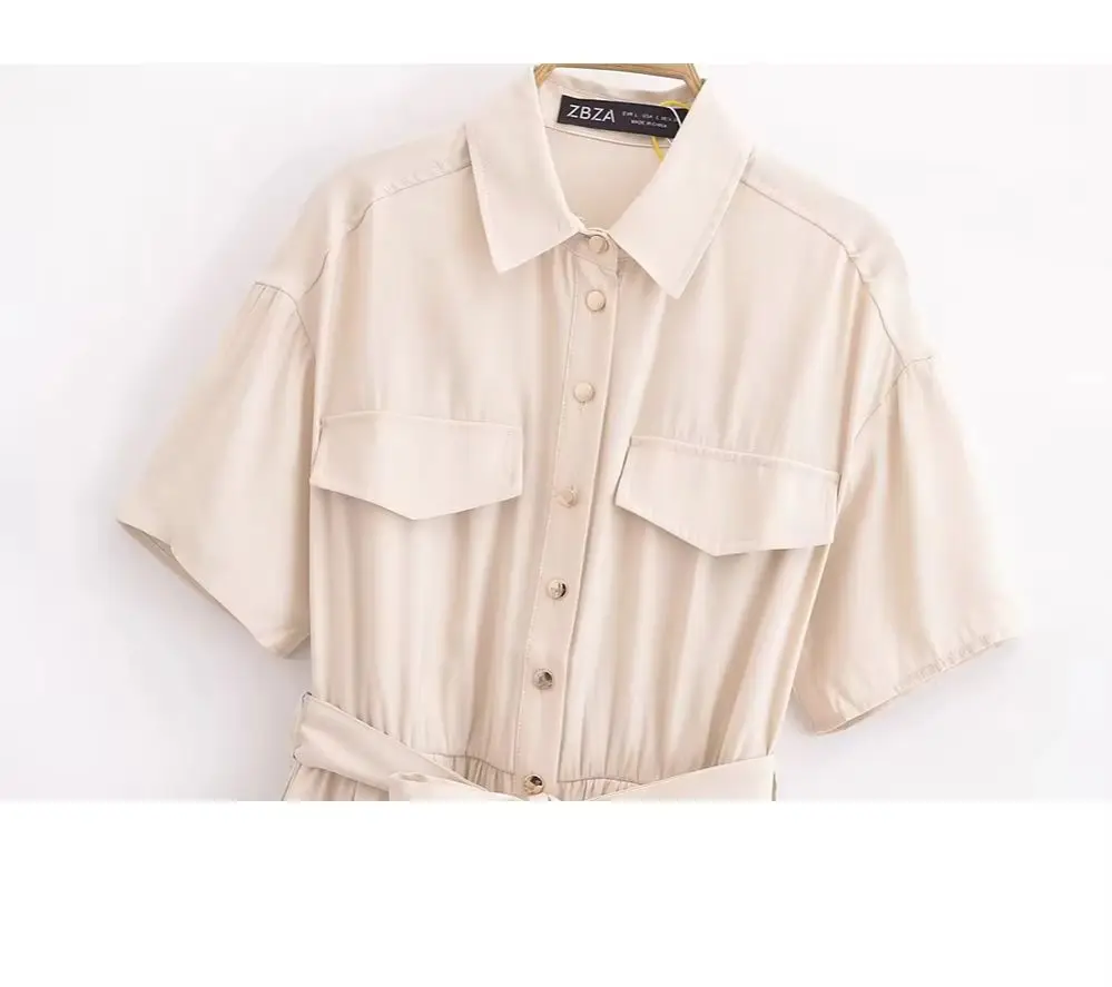 KONDALA ヴィンテージソリッドサッシュミニ女性ドレスカジュアル半袖女性シャツドレスファッション 2025 夏ベージュ Mujer Vestidos