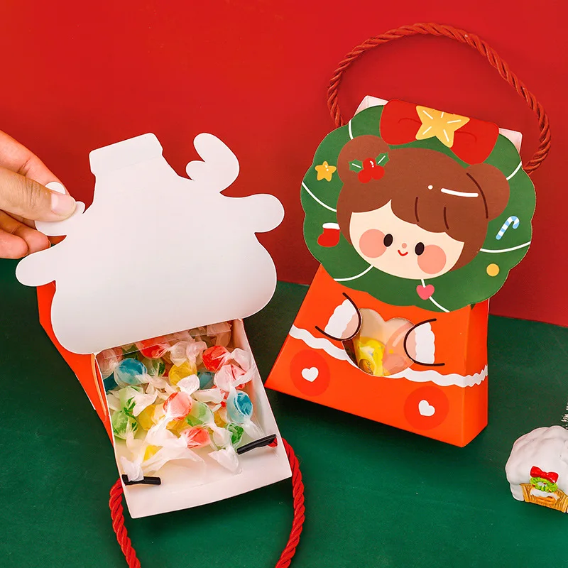 Christmas Candy Gift Boxes with Handle Cute Santa Reindeer Storage Bag Portable Xmas Cookie Goodie Bags for Holiday Party Favors