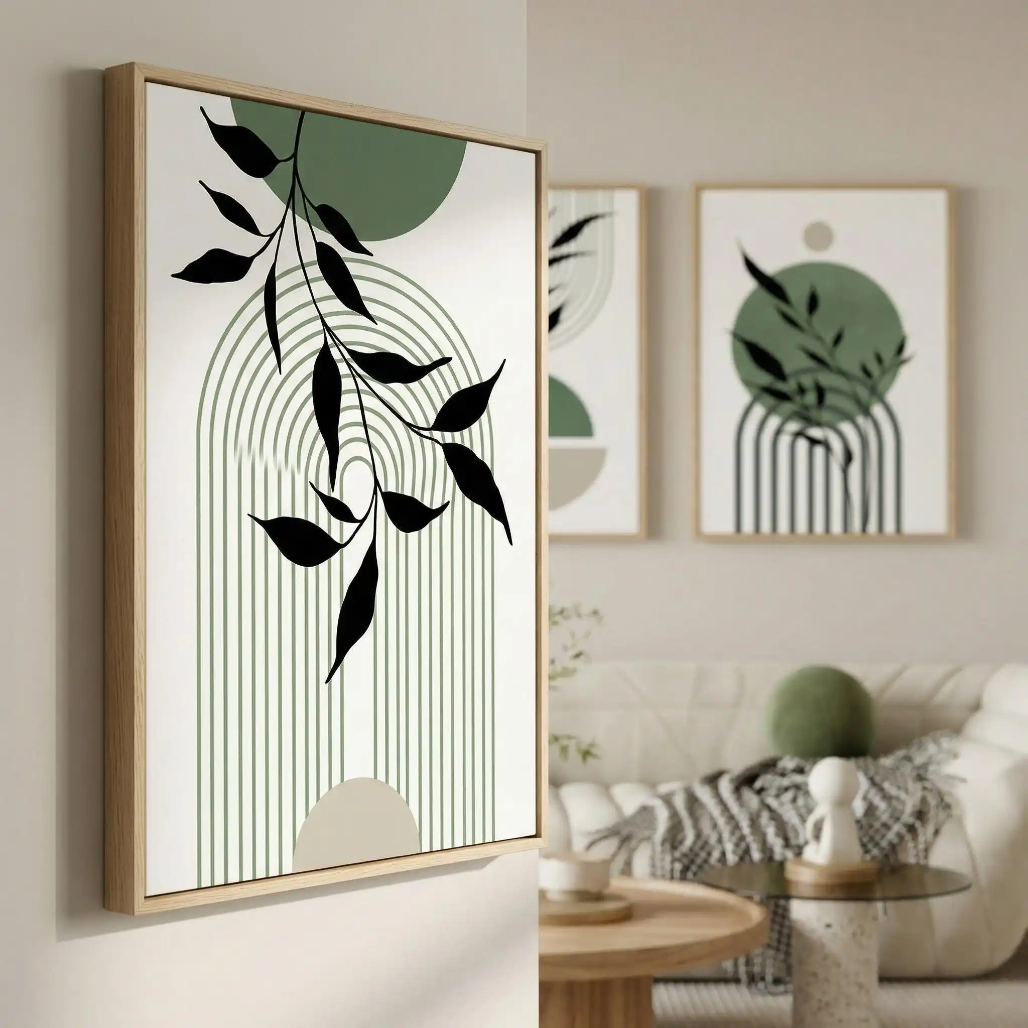 3PCS frameless decorative art print,3pcs sage green bohemian-style wall mural set, unisex abstract plant print, living room/bedr