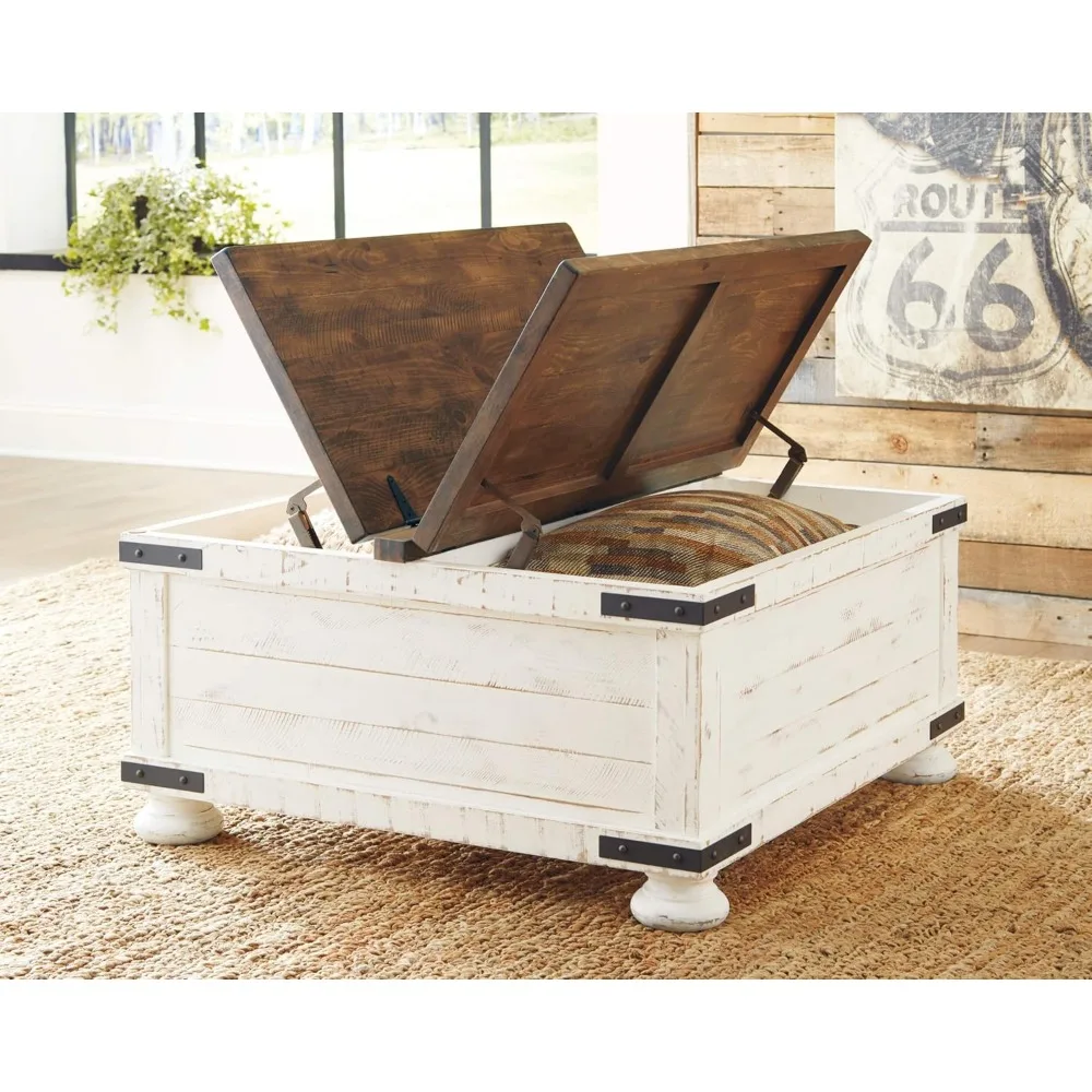 Wystfield Farmhouse Square Storage Coffee Table, Top Elevador Dobrado, Branco Angustiado