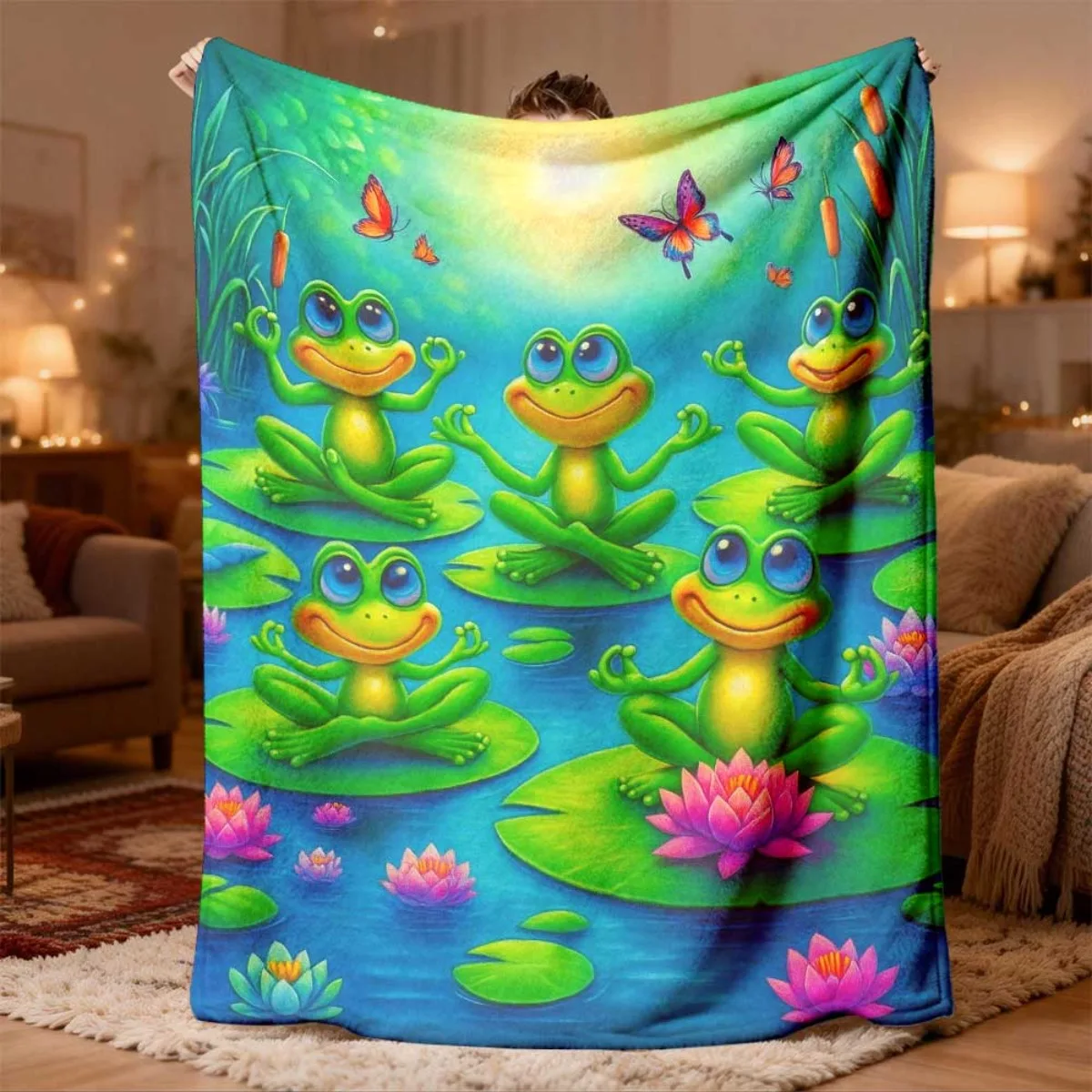 Adorable Frog Lily Pad Blanket Throw Cozy Cartoon Nature Kids Jungle Decor Plush Picnic Blanket 150x200cm Nursery Home Gift