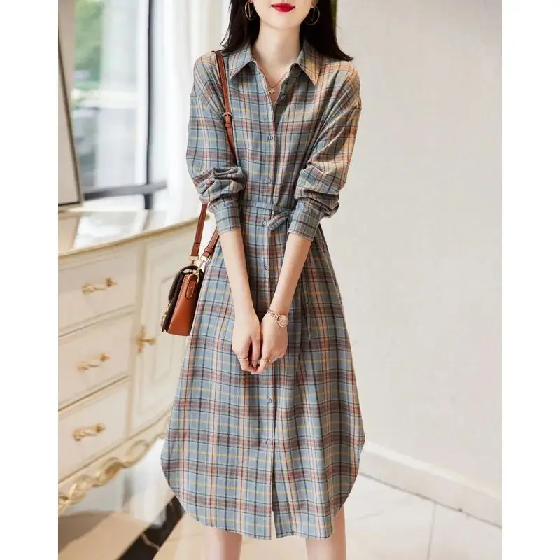 

Fashion Lapel Button Bandage Plaid Casual Dresses Women's Clothing Spring New Loose Long Sleeve All-match Shirt Dress