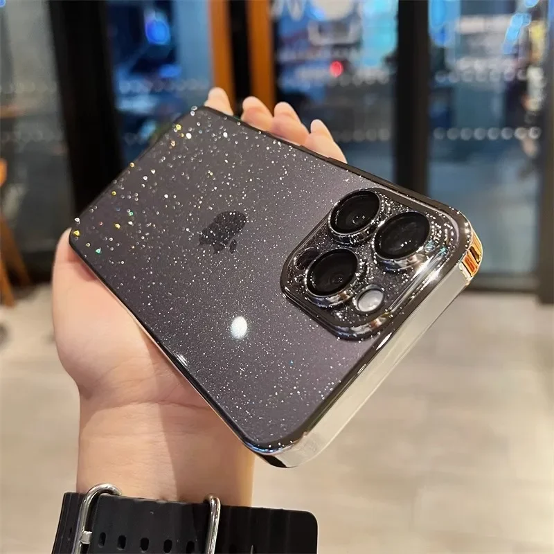 Luxo galvanizado glitter caso de telefone para iphone 16 15 14 13 12promax claro transparente à prova de choque duro volta capa protetora