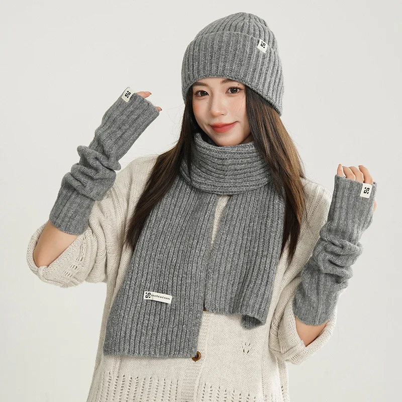 Set 3 buah topi beanie musim dingin wanita, syal panjang, dan sarung tangan rajutan, warna abu-abu polos