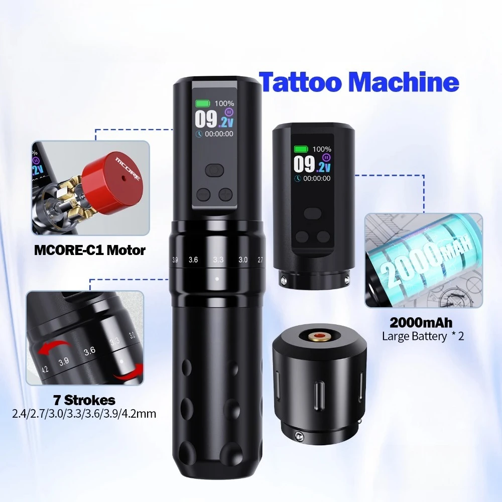 Tattoo Machine Gun Full Kit Wireless Pen 7 Strokes 2 Batteries 2000mAh Power Supply for Body Art Permanent Makeup