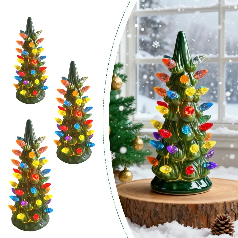 

Ретро ручная роспись настольные елки со светодиодной подсветкой мини-смола рождественские елочные украшения для домашнего офиса настольные украшения