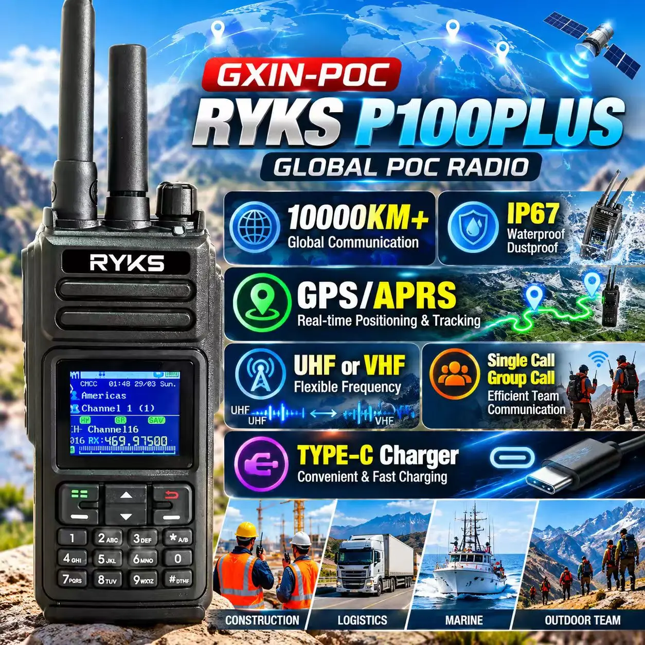 RYKS XL-6500 4G POC Radio IP67 Waterproof Walkie Talkie 8W UHF 400-470MHz Long Range 10000Km+ Communication Multi Environment