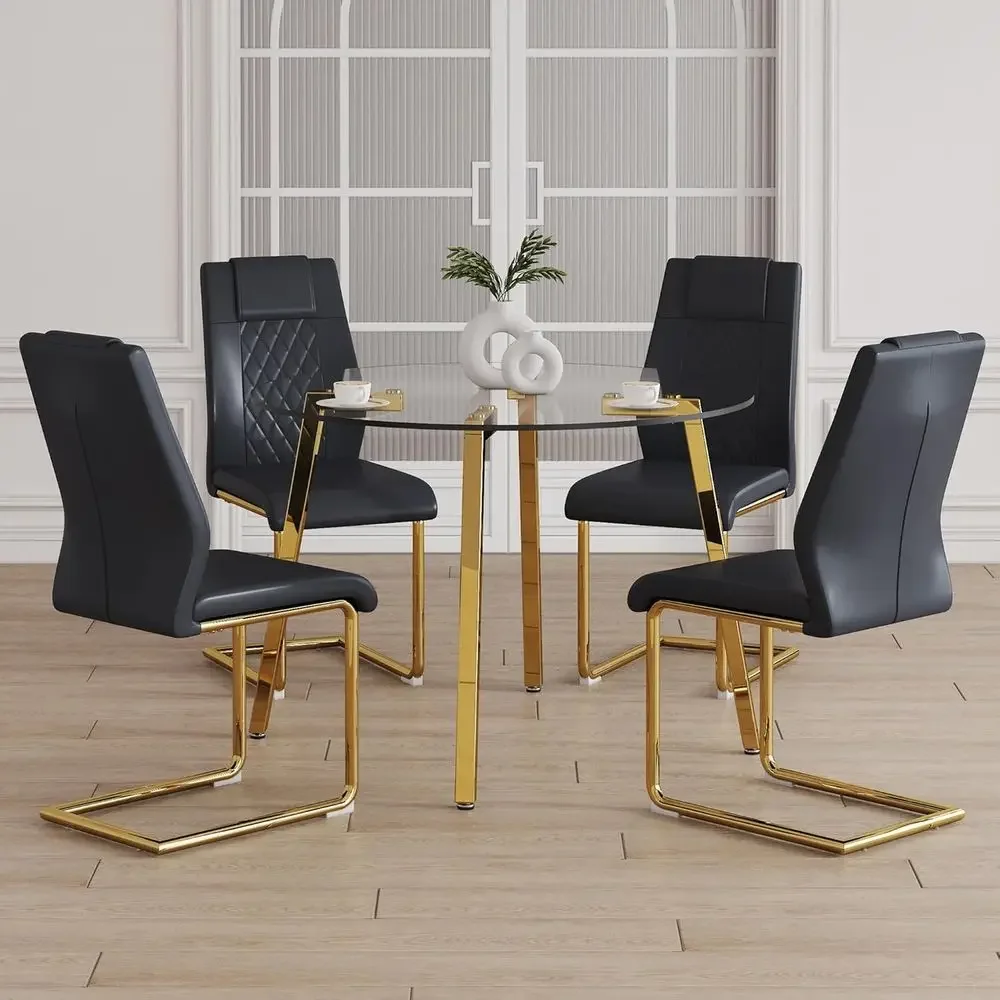 

Special OfferTable And Chair Set.A Ern Minimalist Style Round Clear Tempered Glass Table With Metal Legs.Paried With Black Chair