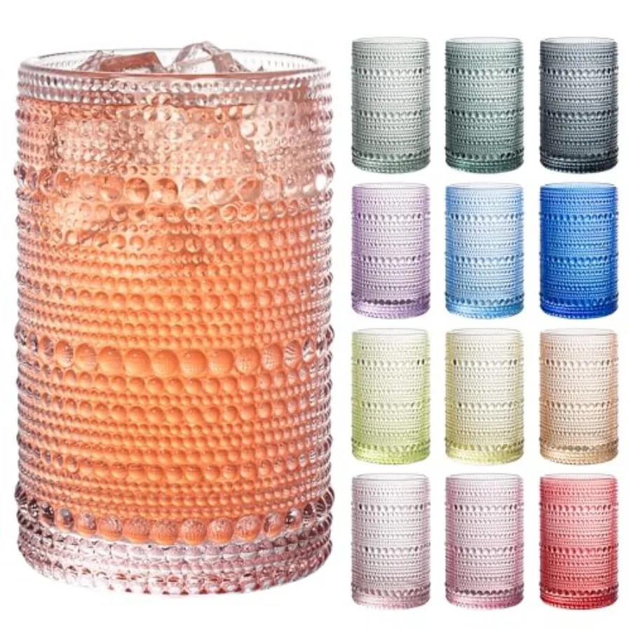 

Набор винтажных стаканов с рельефным узором (Hobnail), 12 шт., 13 унций, разноцветные, с бусинами, для кухни, разные цвета, рельефные, для воды