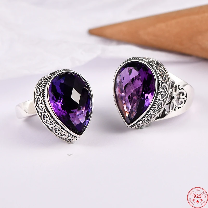 

S925 Sterling Silver Rings for Women Men New Waterdrop Shaped Cutting Surface Amethyst Hollow Ethnic Style Jewelry Free Shipping