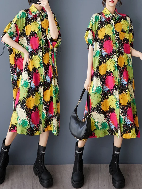 فستان قميص صيفي جديد للنساء مقاس كبير، مطبوع، فضفاض، متوسط الطول، بتصميم H-Line، بأكمام قصيرة وطوق بولو وزر واحد. #4