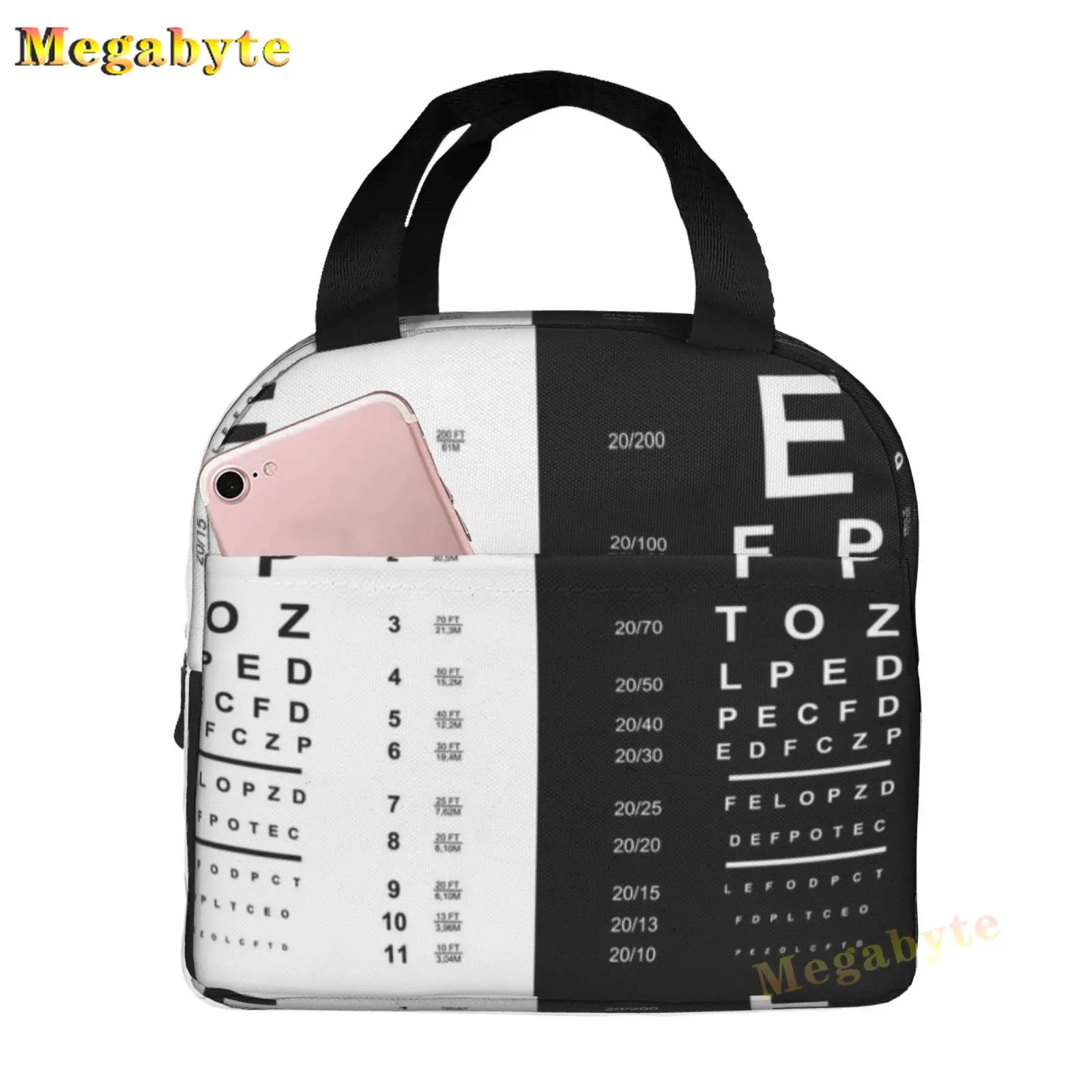 Black Snellen Chart Thermal Insulated Lunch Bags Women Vision Test Optical Optics Eye Test Medicine Glasses Lunch Tote Food Box