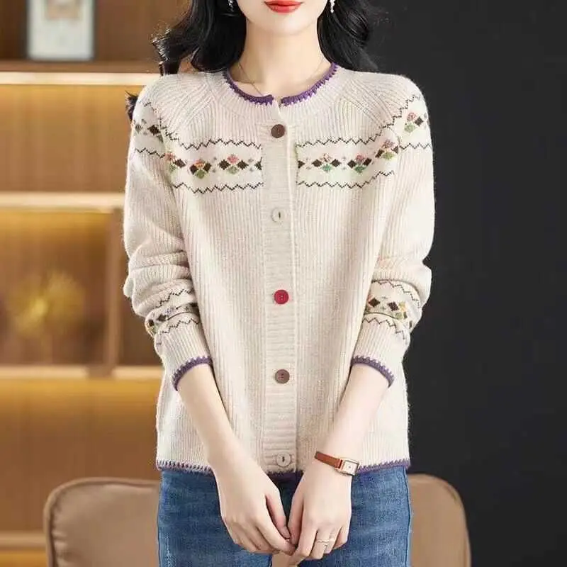 Knitwear Spring and Autumn New Jacquard Knitted Cardigan Women\'s Loose Sweater Coat Round Neck Long Sleeve Knitted Sweater