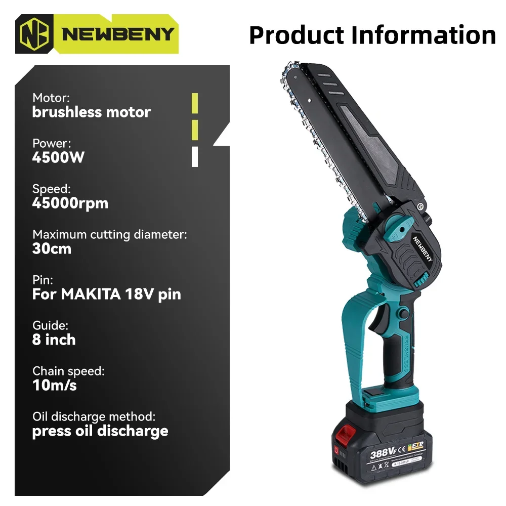 NEWBENY 8 Inch Brushless Electric Saw Cordless Efficient Garden Woodworking Logging Saw Power Tool For Makita 18V Battery