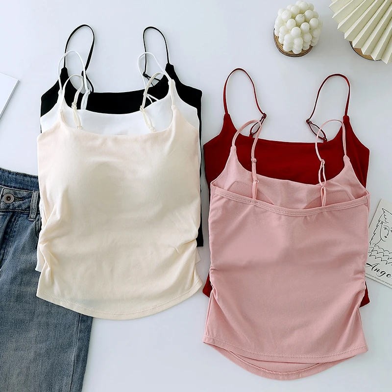 Women's Basic Ruched Camisole Adjustable Spaghetti Strap Color Tank Top,Soft Comfy Slim Fit Top for Daily Commute & Casual Wear