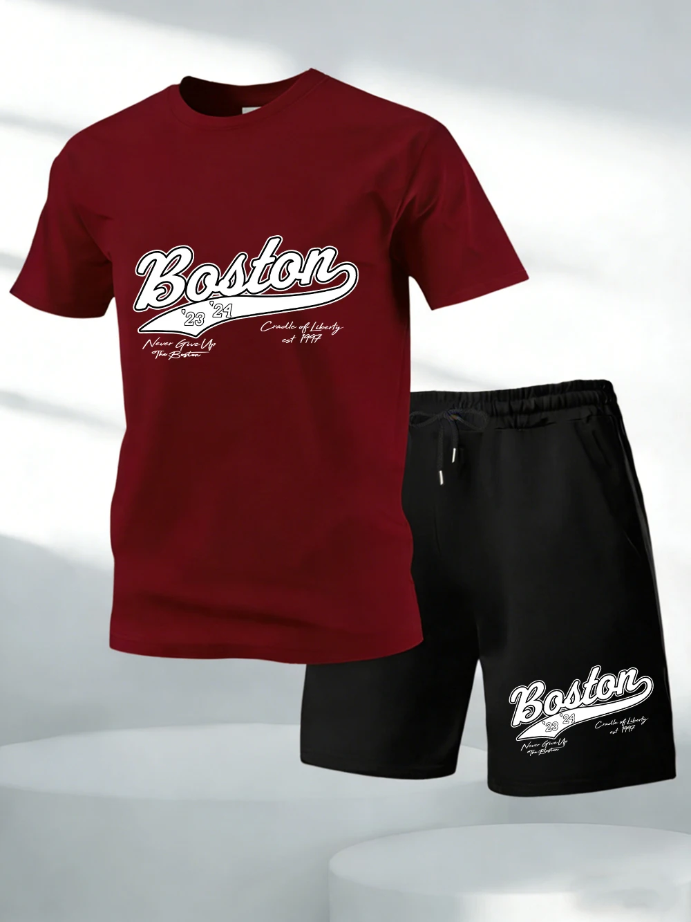 

Two Pieces Set Brooklyn Letter Large Printed Cotton Tops Shorts Mens Oversized Soft O-Neck T-Shirts Pocket High Waisted Pants