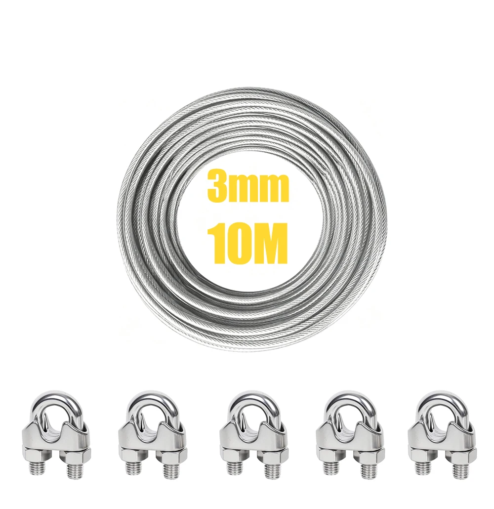 10/20M 3mm Edelstahl-Drahtseil-Set mit U-förmiger Kabelklemme und PVC-Beschichtung für Camping, Wäscheleine, Gartengeländer – Detail 2