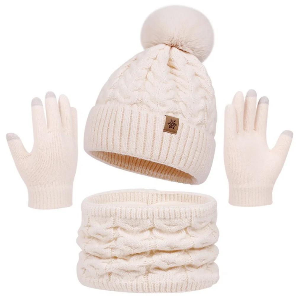 Thickened Women Hat Scarf Gloves Set Beanie Hat Solid Color Winter Knit Gloves Set Breathable Twist Texture
